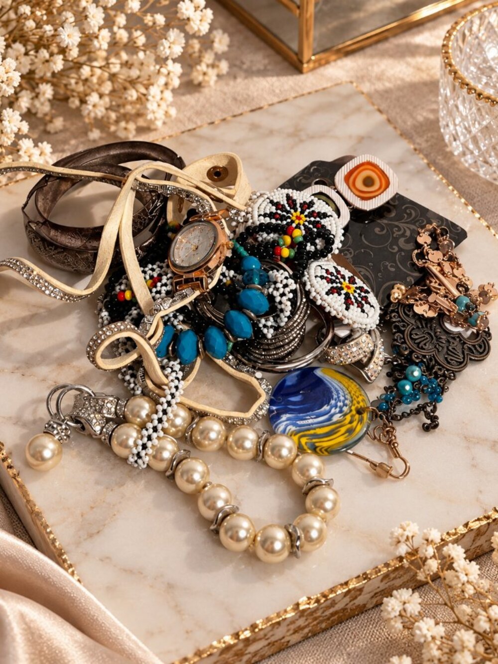 Vintage & Statement Jewelry Mystery Lot - Faux Pearls, Beaded, Watch, Rhinestone